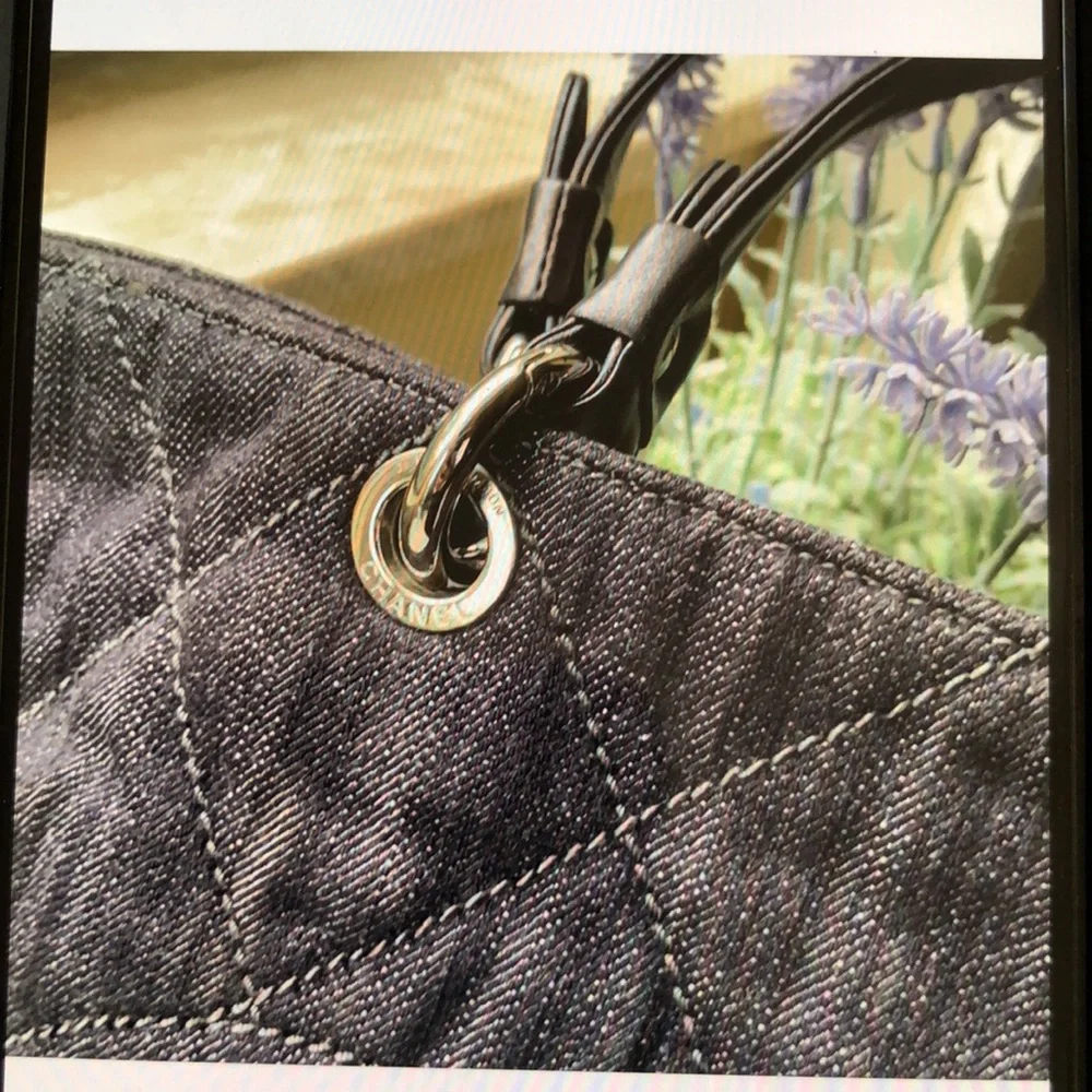 - Chanel black quilted denim timeless cc tote bag